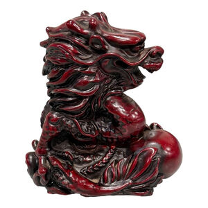 Red Resin Chinese Dragon Figurine Sculpture Holding Pearl Ball Feng Shui Decor